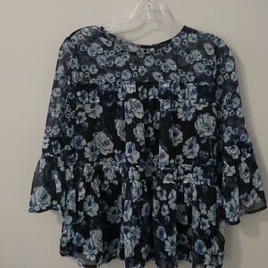 Lucky Brand Top Womens sz Medium Sheer Blue Floral Ruffled Tiers Peasant Boho